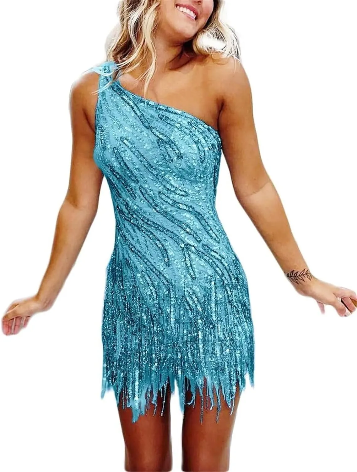 Sparkly Sequin Short Homecoming Dress for Teens One Shoulder Bodycon Tight Mini Cocktail Party Gowns