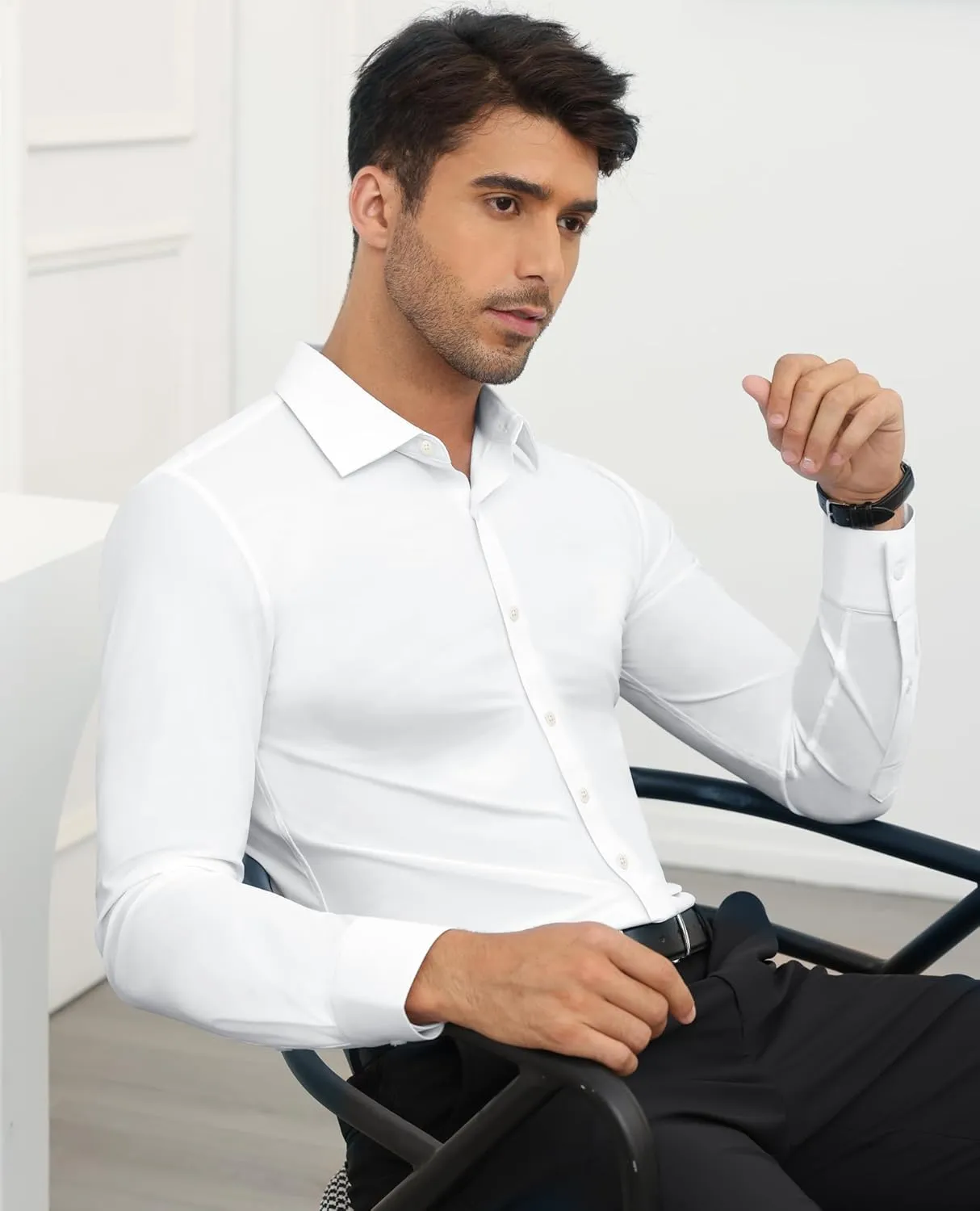 Stretch Mens Dress Shirts Long Sleeve Slim Fit Dress Shirts for Men Muscle Fit Wrinkle Free Button Down Shirt