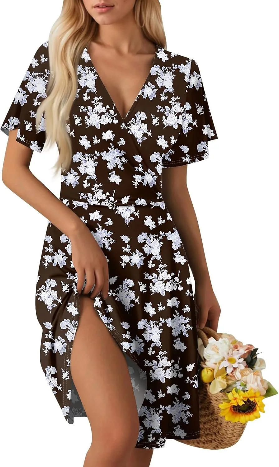 Summer Dresses for Women 2025 Midi Floral Print Classy Deep V Neck Fashion Short Sleeve Knee Length Dress