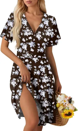 Summer Dresses for Women 2025 Midi Floral Print Classy Deep V Neck Fashion Short Sleeve Knee Length Dress