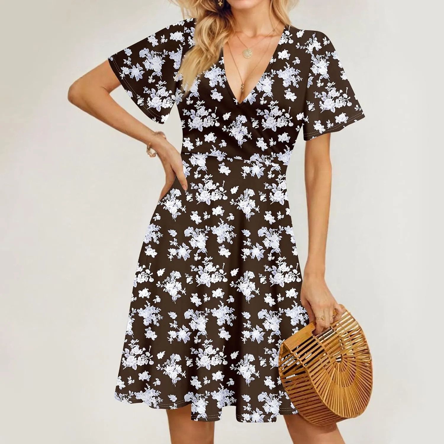 Summer Dresses for Women 2025 Midi Floral Print Classy Deep V Neck Fashion Short Sleeve Knee Length Dress