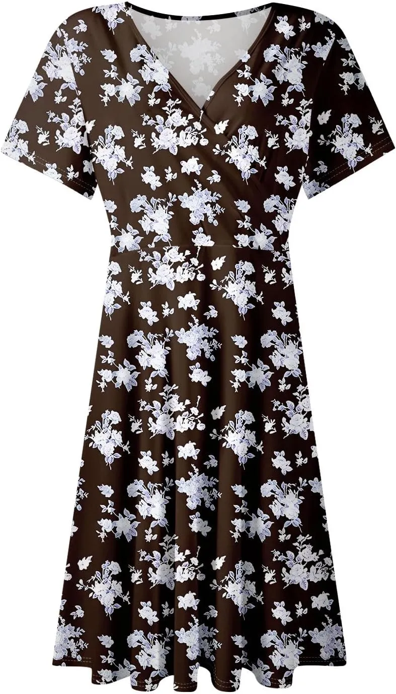 Summer Dresses for Women 2025 Midi Floral Print Classy Deep V Neck Fashion Short Sleeve Knee Length Dress