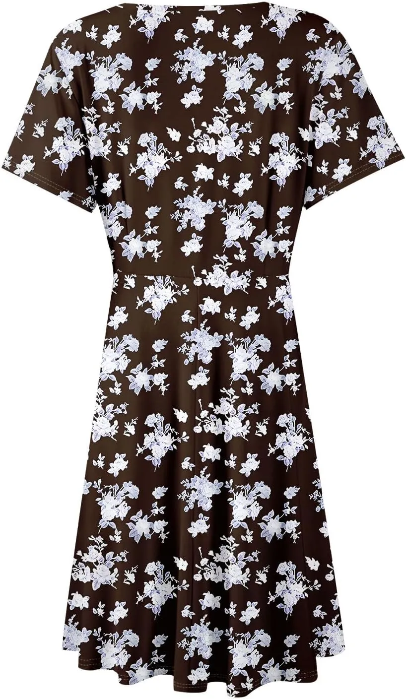 Summer Dresses for Women 2025 Midi Floral Print Classy Deep V Neck Fashion Short Sleeve Knee Length Dress