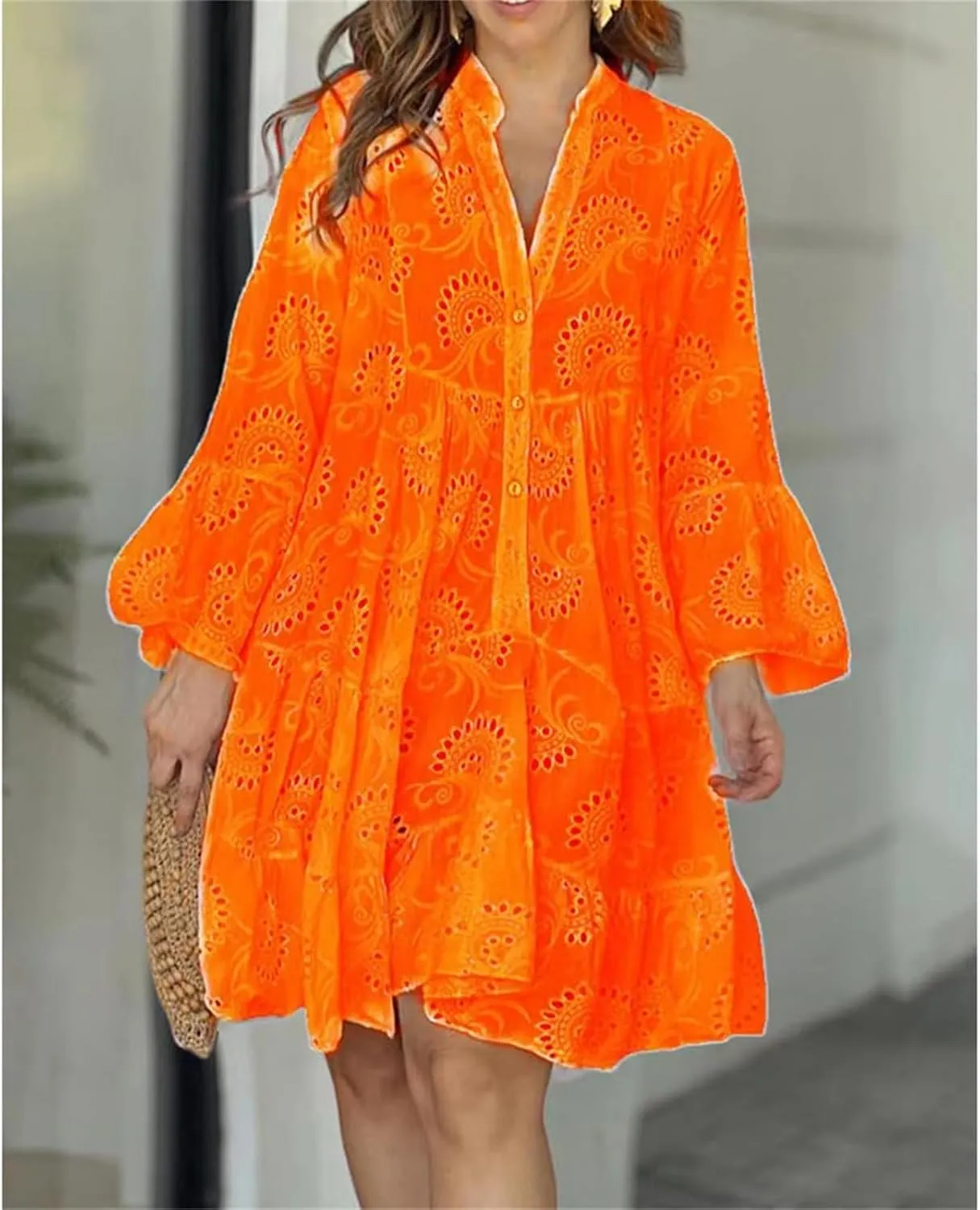 Summer Dresses for Women Floral Boho V Neck Button Down Hollow Out Lace Eyelet Embroidery Midi Flowy Swing Solid