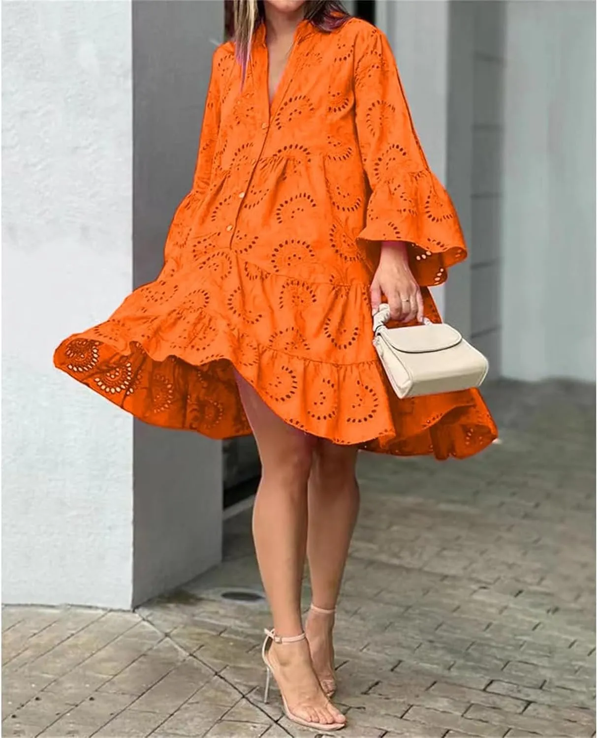 Summer Dresses for Women Floral Boho V Neck Button Down Hollow Out Lace Eyelet Embroidery Midi Flowy Swing Solid