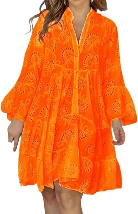 Summer Dresses for Women Floral Boho V Neck Button Down Hollow Out Lace Eyelet Embroidery Midi Flowy Swing Solid