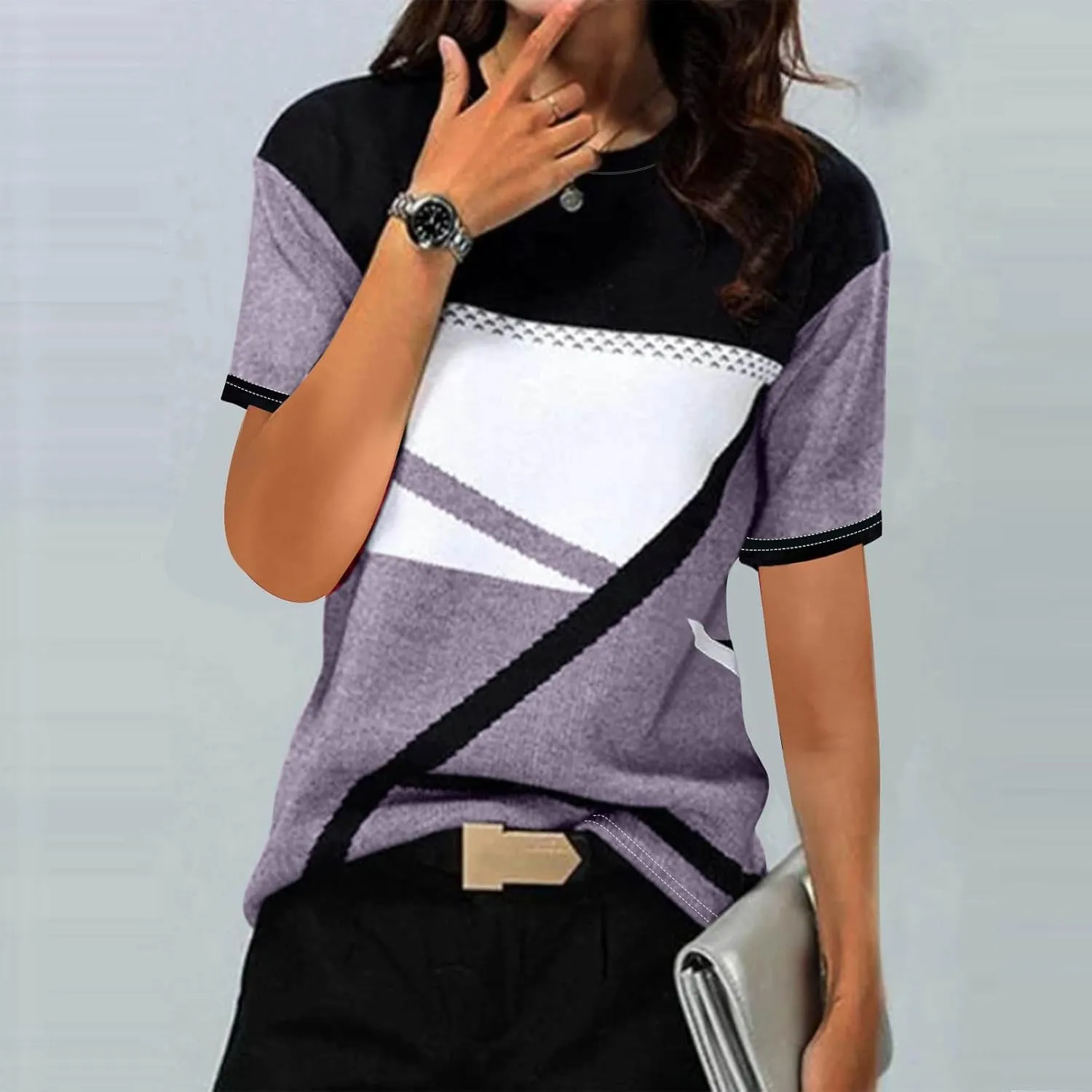 Summer New Geometric Pattern T Shirts for Women Casual Tops Crewneck Short Sleeve Tees Color Block Loose Blouses