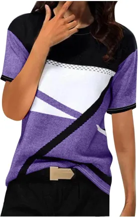 Summer New Geometric Pattern T Shirts for Women Casual Tops Crewneck Short Sleeve Tees Color Block Loose Blouses