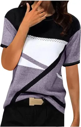 Summer New Geometric Pattern T Shirts for Women Casual Tops Crewneck Short Sleeve Tees Color Block Loose Blouses