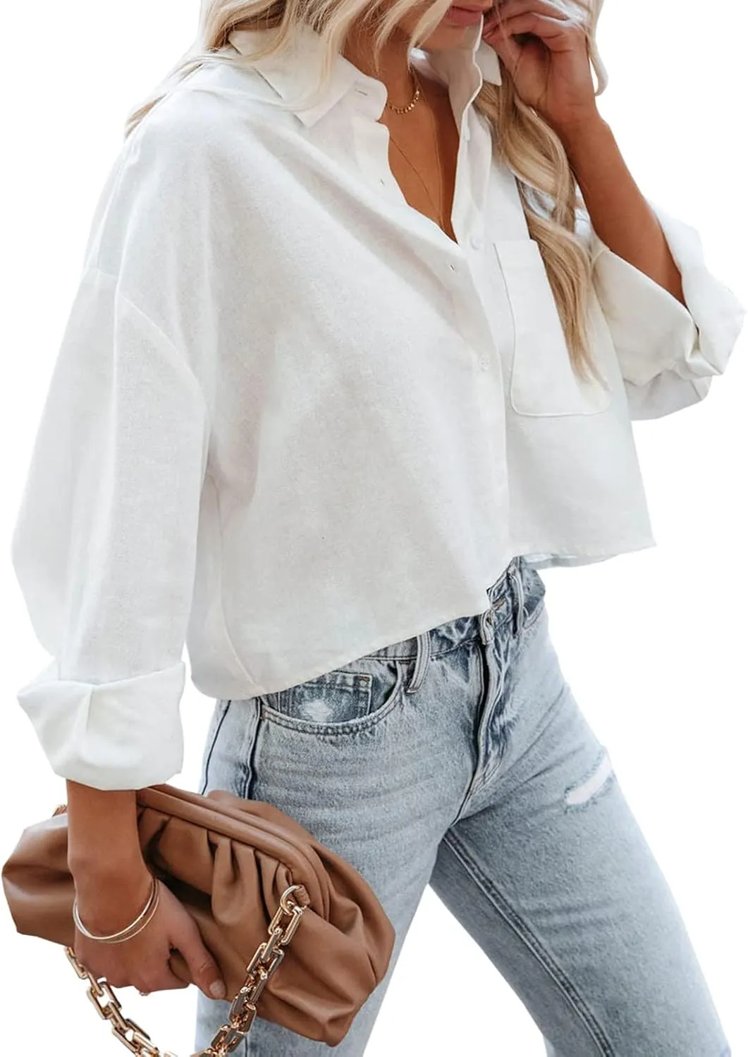 Tankaneo Womens Button Down Cropped Shirts Long Sleeve Casual Crop Tops Solid Lapel Blouse Shirt with Chest Pocket