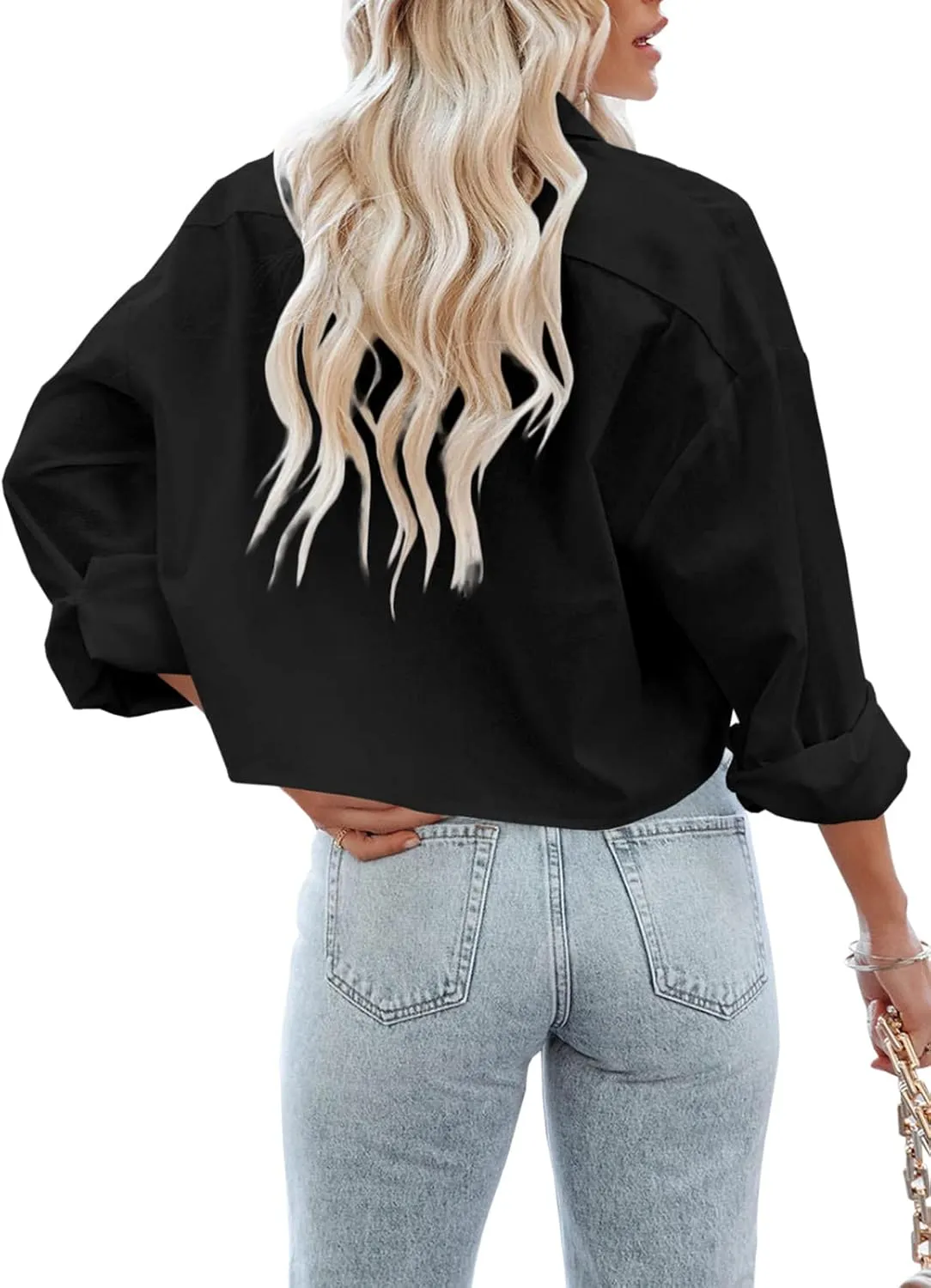 Tankaneo Womens Button Down Cropped Shirts Long Sleeve Casual Crop Tops Solid Lapel Blouse Shirt with Chest Pocket