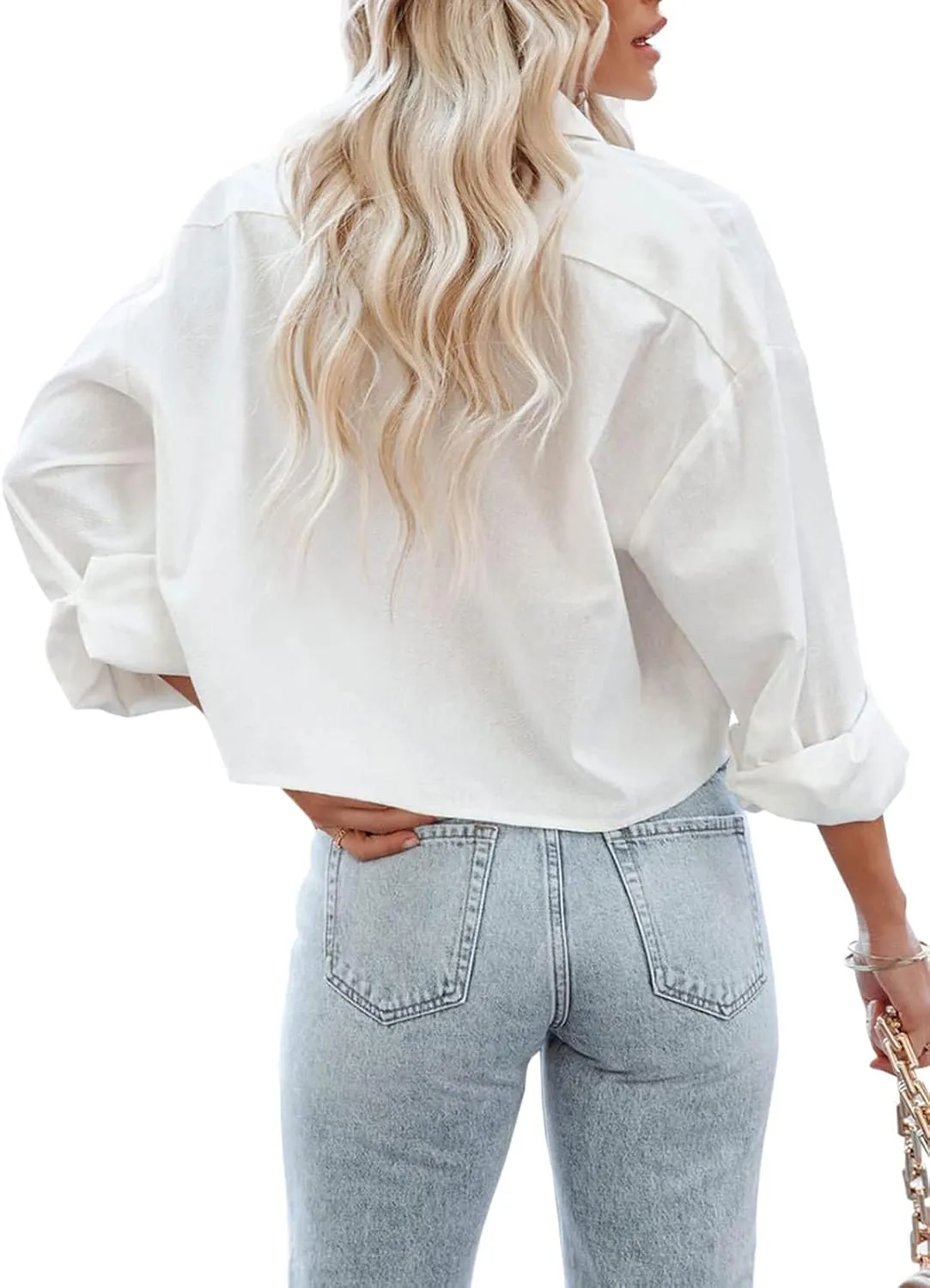 Tankaneo Womens Button Down Cropped Shirts Long Sleeve Casual Crop Tops Solid Lapel Blouse Shirt with Chest Pocket
