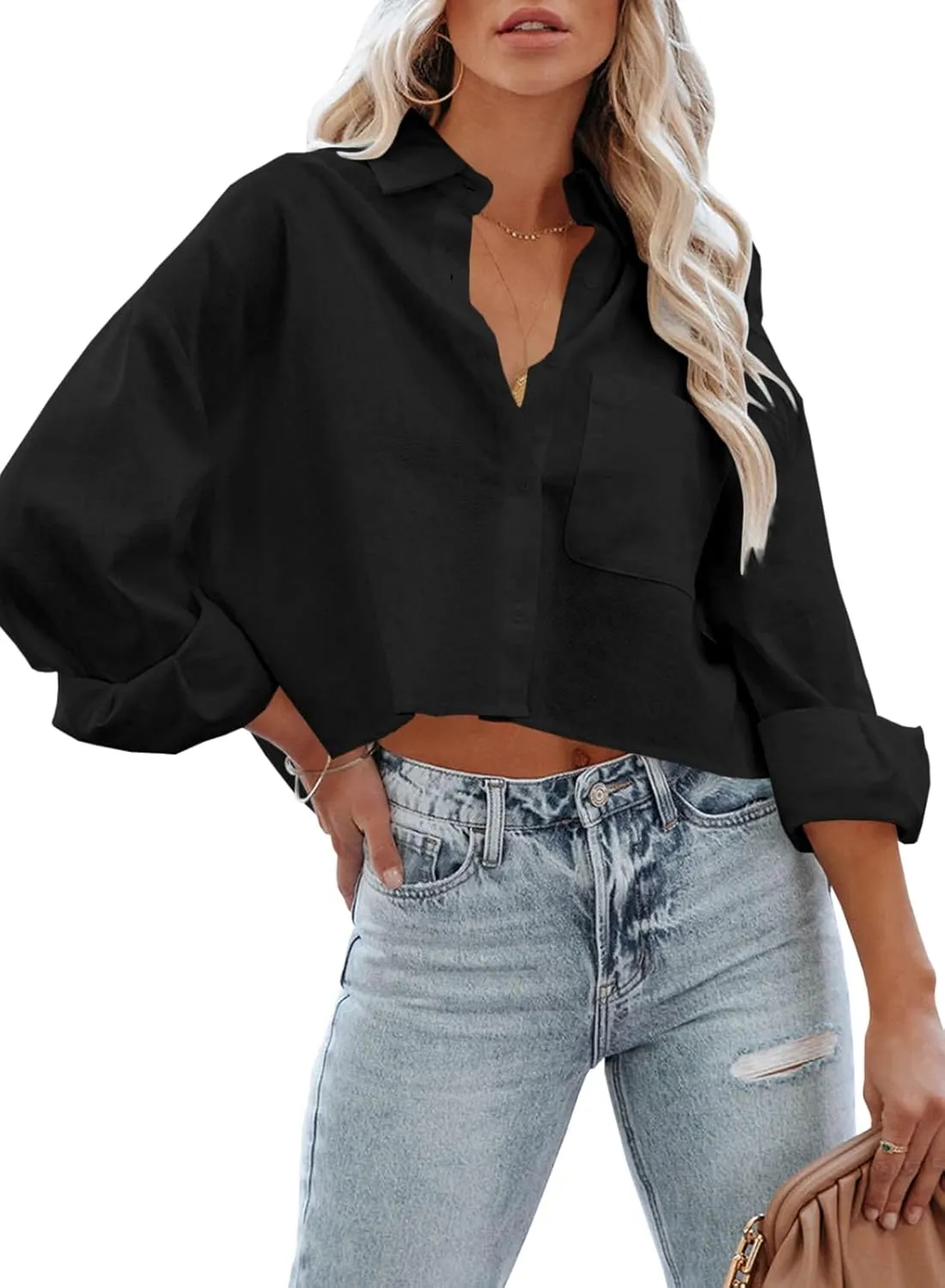 Tankaneo Womens Button Down Cropped Shirts Long Sleeve Casual Crop Tops Solid Lapel Blouse Shirt with Chest Pocket