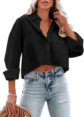 Tankaneo Womens Button Down Cropped Shirts Long Sleeve Casual Crop Tops Solid Lapel Blouse Shirt with Chest Pocket