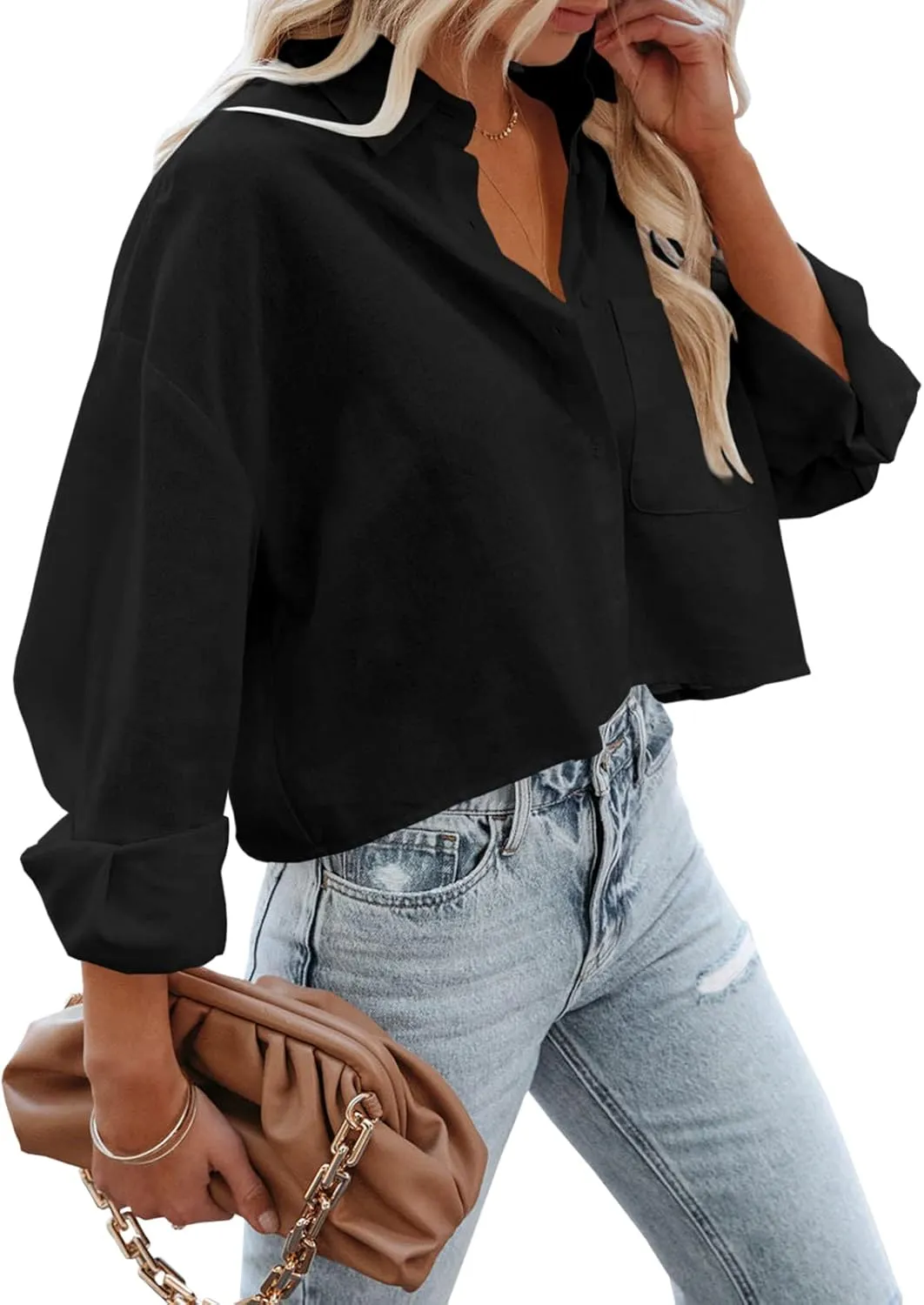 Tankaneo Womens Button Down Cropped Shirts Long Sleeve Casual Crop Tops Solid Lapel Blouse Shirt with Chest Pocket