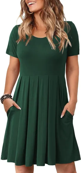 Tralilbee Women's Plus Size Short Sleeve Dress Casual Pleated Swing Dresses with Pockets