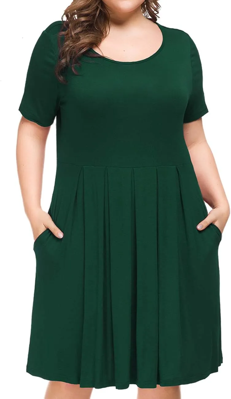 Tralilbee Women's Plus Size Short Sleeve Dress Casual Pleated Swing Dresses with Pockets