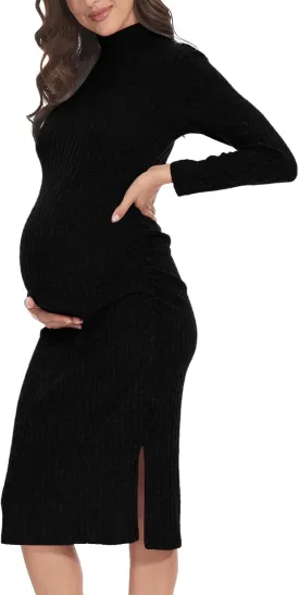 Turtleneck Maternity Dress Rib Knit Long Sleeve Photoshoot Baby Shower Dress Side Ruched Slit Pregnancy Sweater Dress
