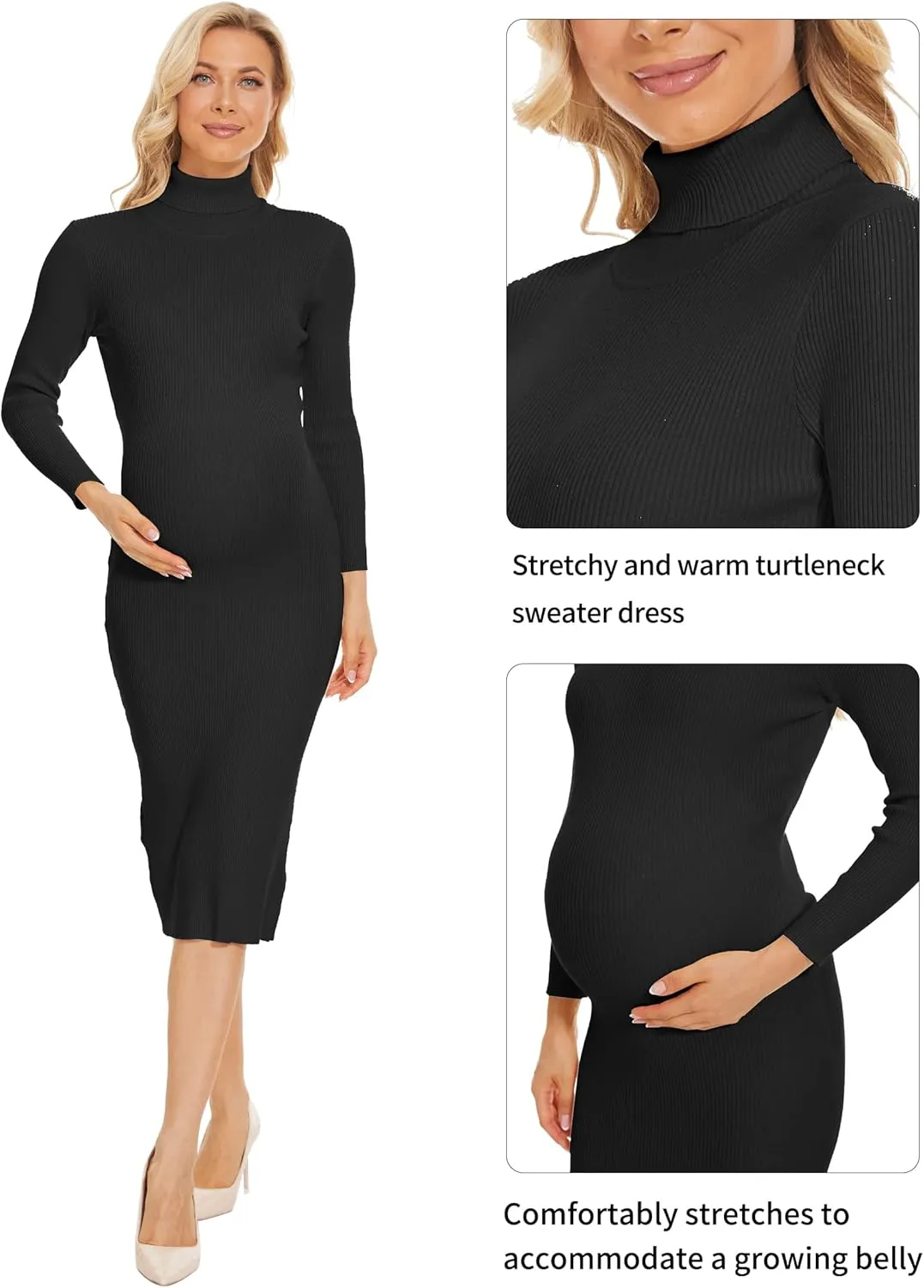 Turtleneck Maternity Dress Rib Knit Long Sleeve Photoshoot Baby Shower Dress Side Ruched Slit Pregnancy Sweater Dress