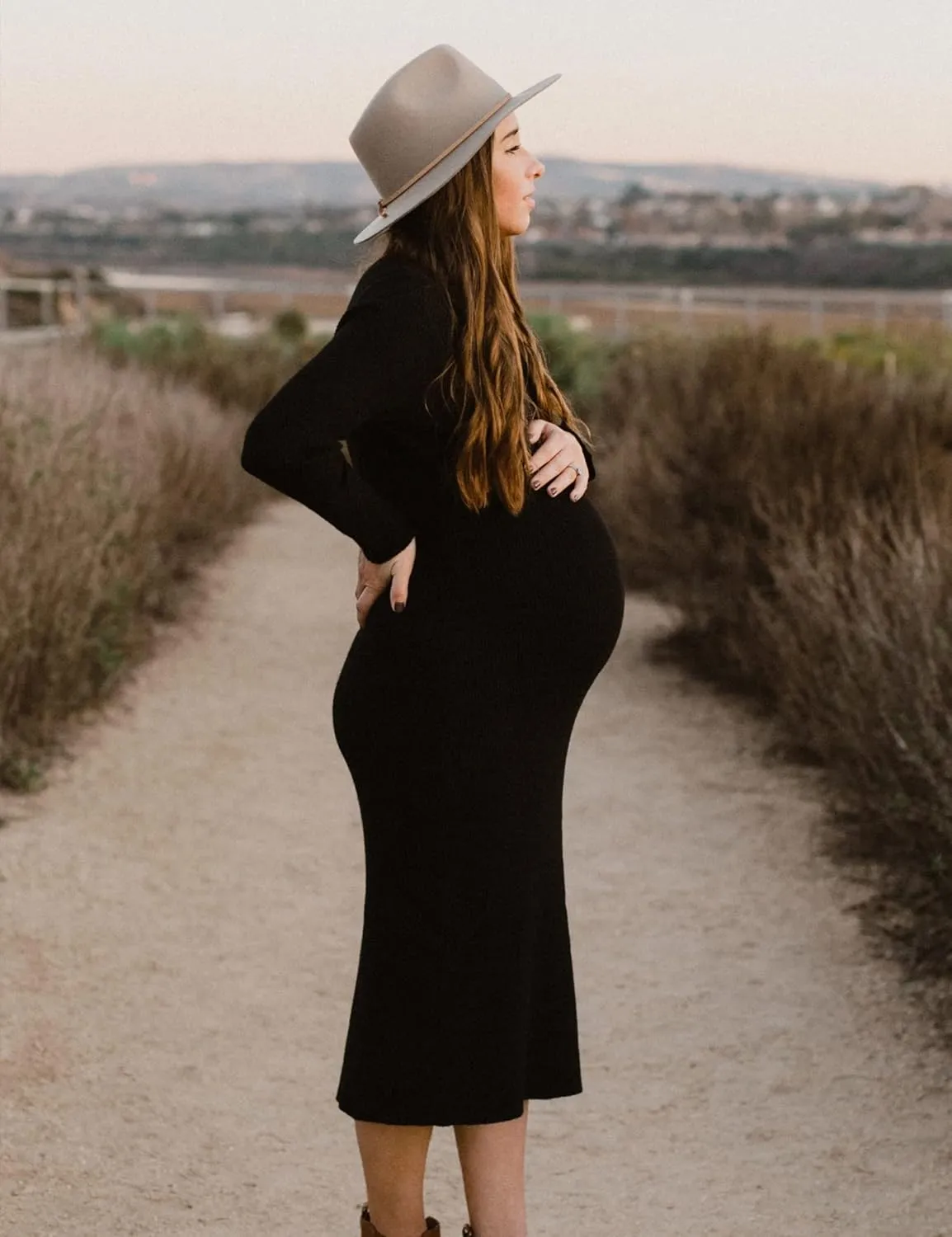 Turtleneck Maternity Dress Rib Knit Long Sleeve Photoshoot Baby Shower Dress Side Ruched Slit Pregnancy Sweater Dress