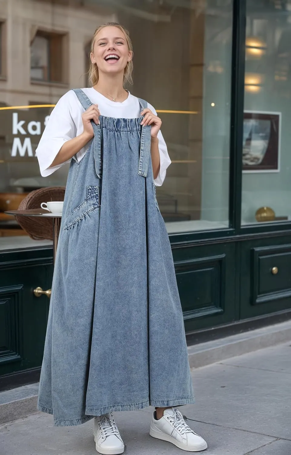 UQJE Baggy Denim Overall Dress for Women Loose Jumper Dress Relaxed Fit with Big Pockets for Casual