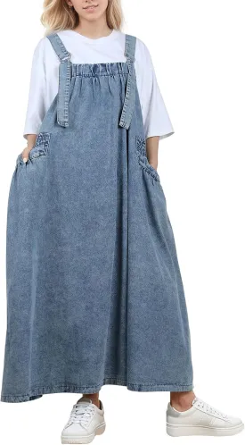 UQJE Baggy Denim Overall Dress for Women Loose Jumper Dress Relaxed Fit with Big Pockets for Casual