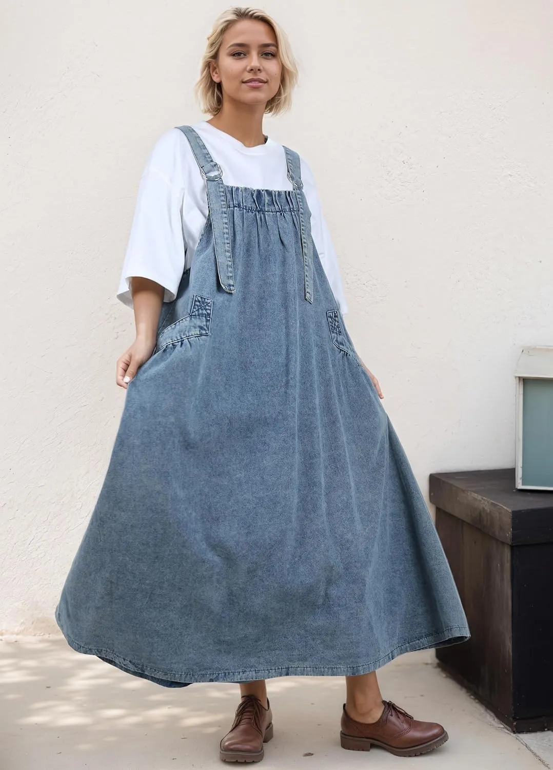 UQJE Baggy Denim Overall Dress for Women Loose Jumper Dress Relaxed Fit with Big Pockets for Casual