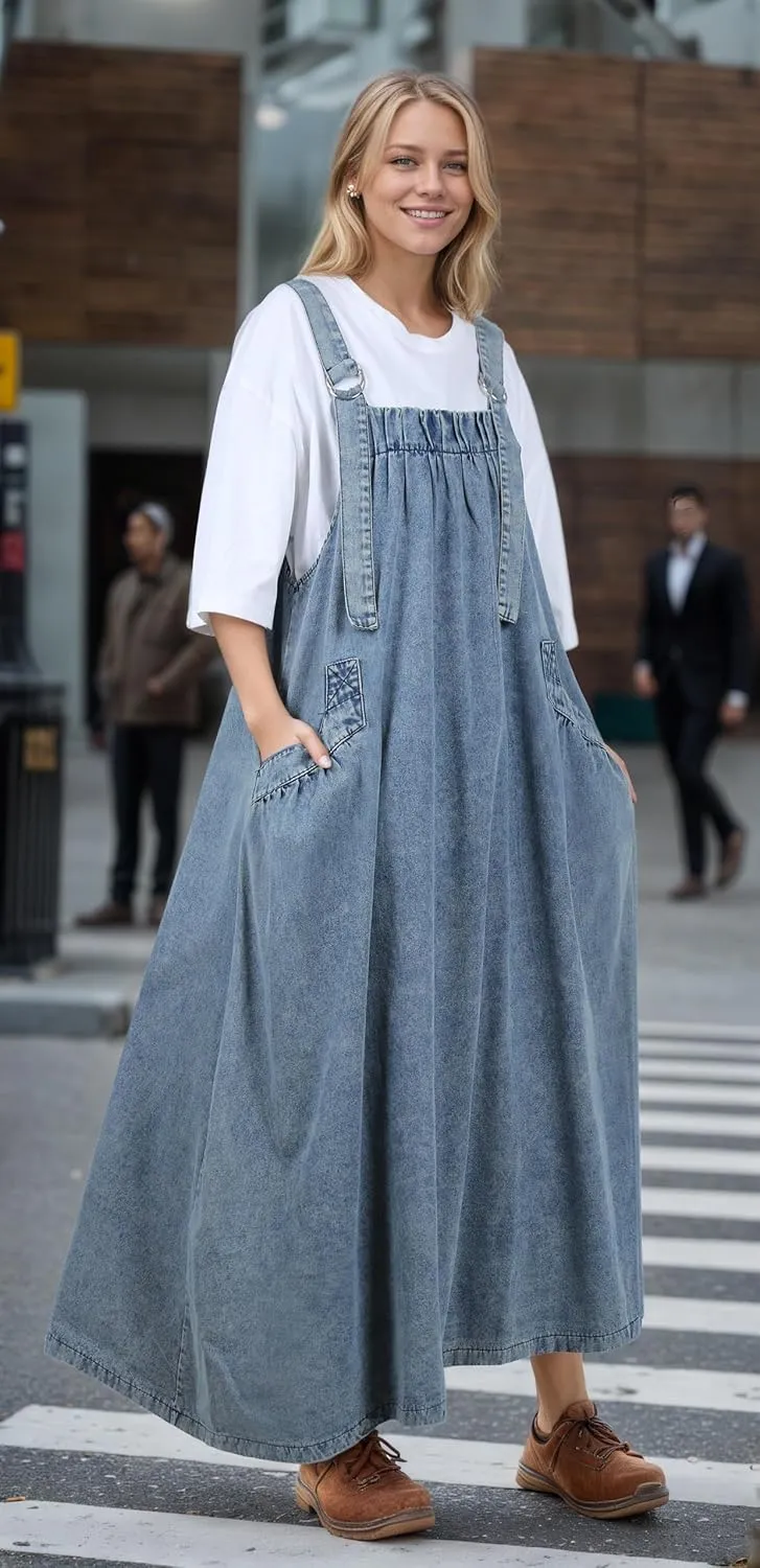 UQJE Baggy Denim Overall Dress for Women Loose Jumper Dress Relaxed Fit with Big Pockets for Casual