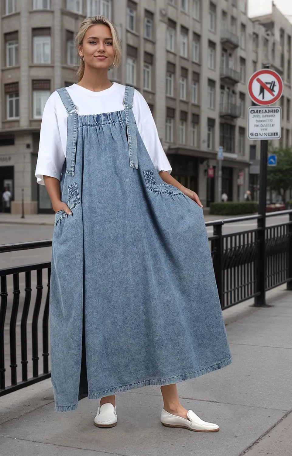 UQJE Baggy Denim Overall Dress for Women Loose Jumper Dress Relaxed Fit with Big Pockets for Casual