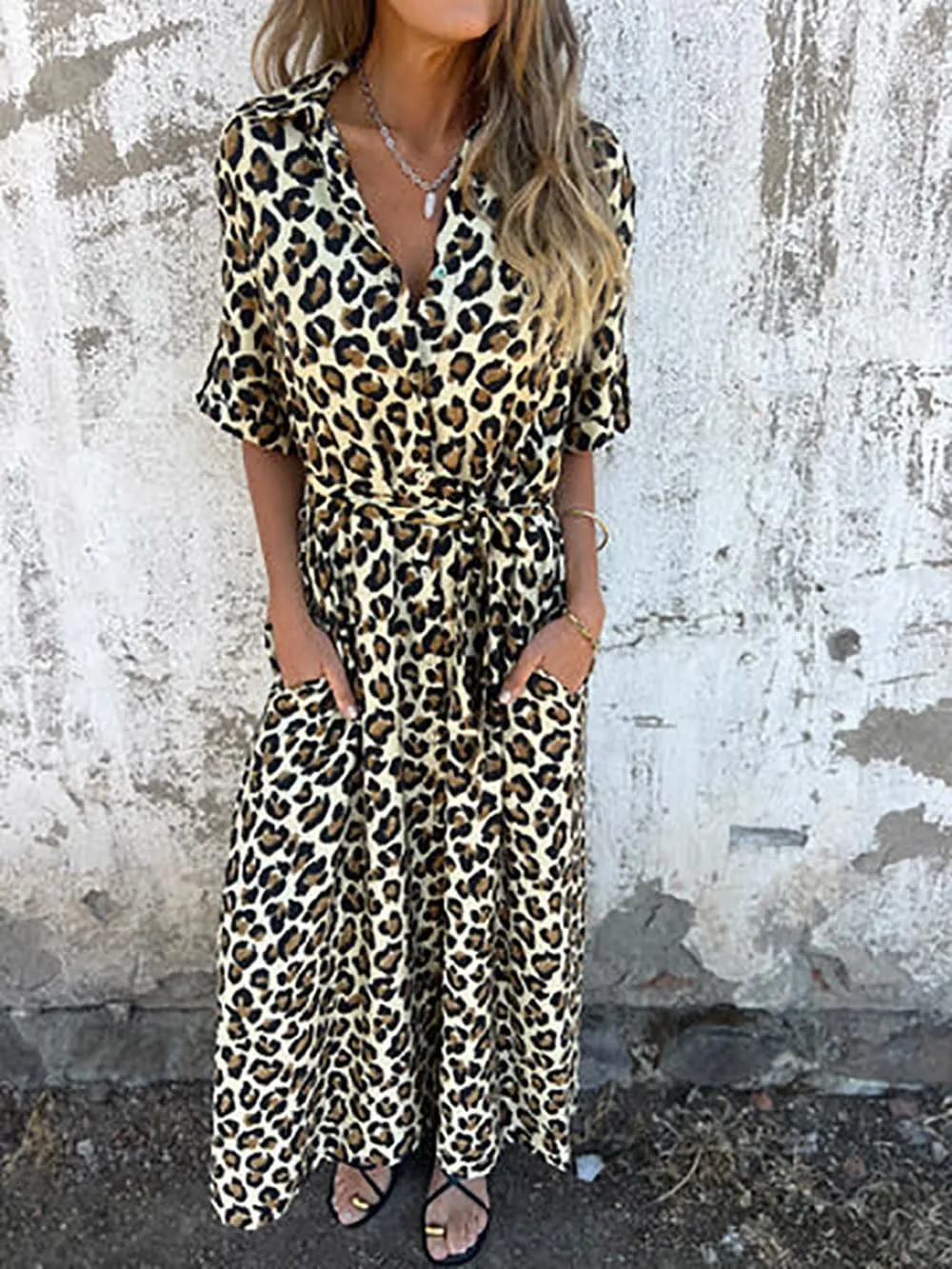utcoco Womens Trendy Casual Belted Leopard Shirt Dresses Half Sleeve Button Down Maxi Dress with Pockets