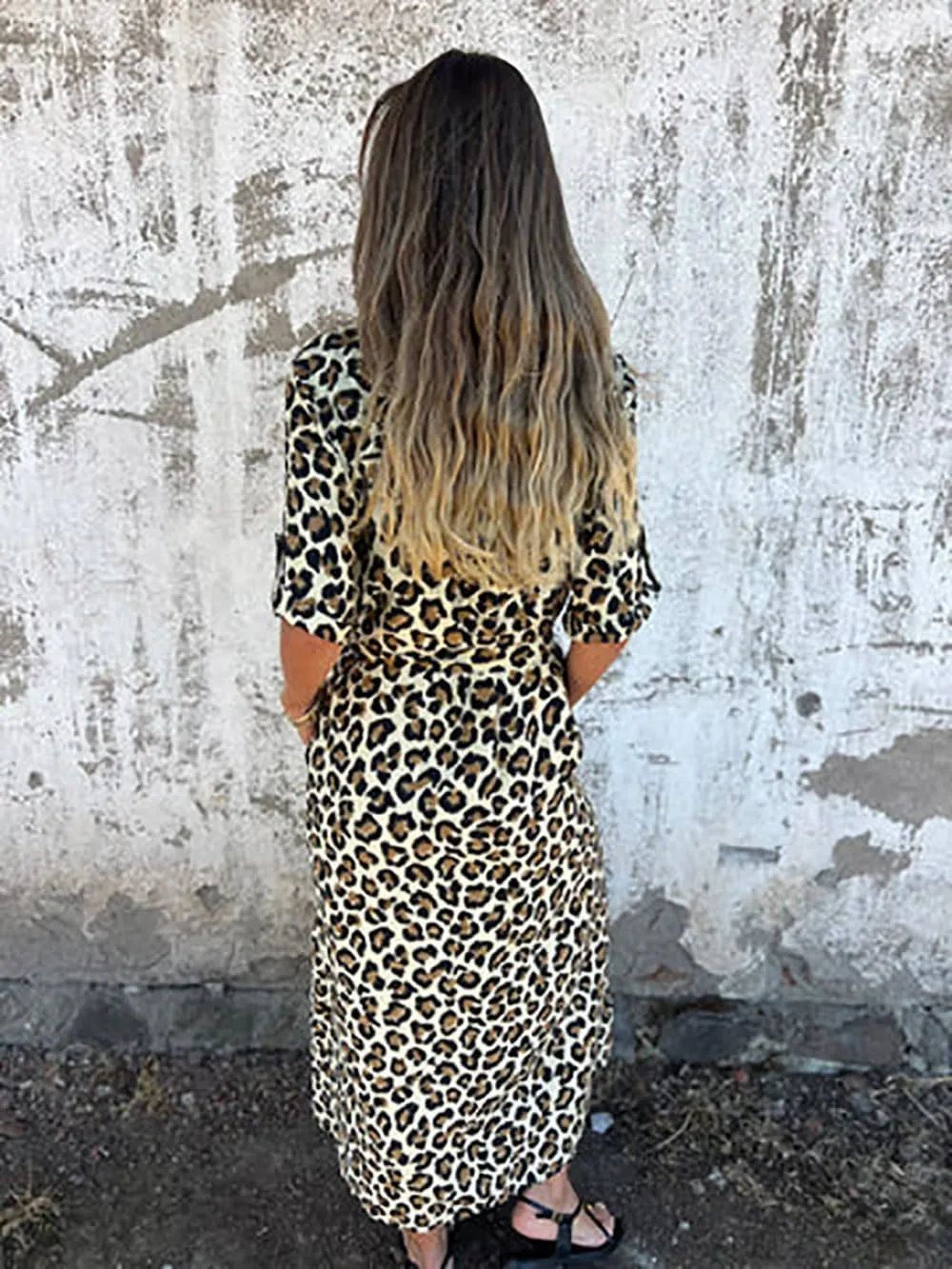 utcoco Womens Trendy Casual Belted Leopard Shirt Dresses Half Sleeve Button Down Maxi Dress with Pockets