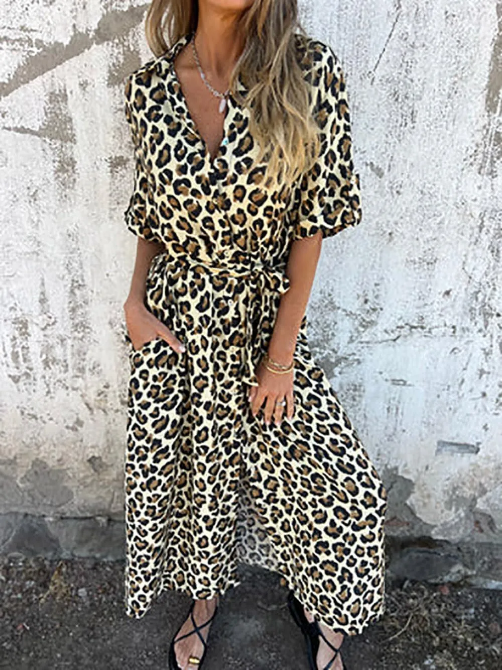 utcoco Womens Trendy Casual Belted Leopard Shirt Dresses Half Sleeve Button Down Maxi Dress with Pockets
