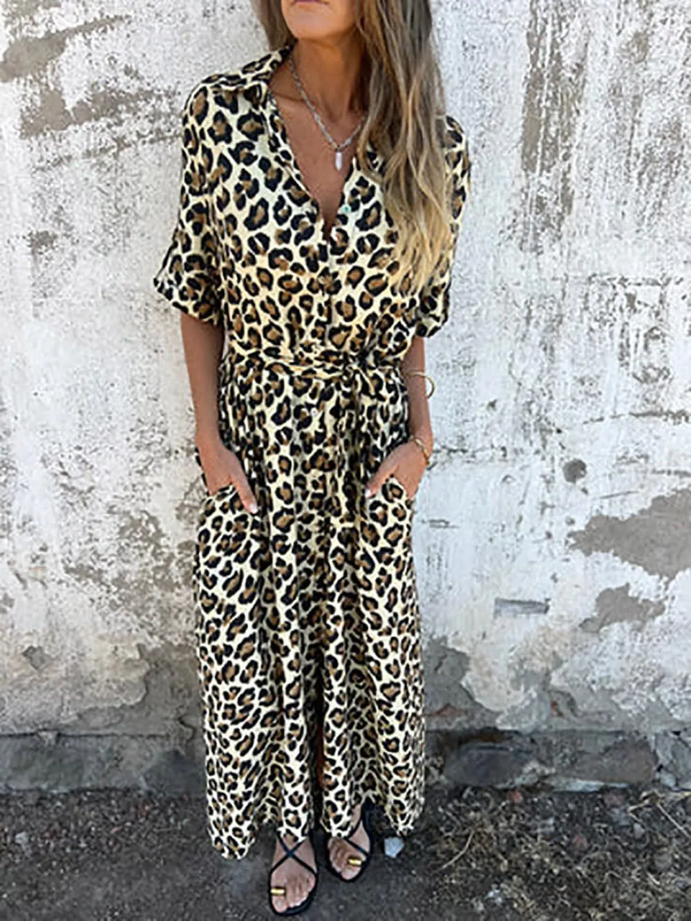 utcoco Womens Trendy Casual Belted Leopard Shirt Dresses Half Sleeve Button Down Maxi Dress with Pockets