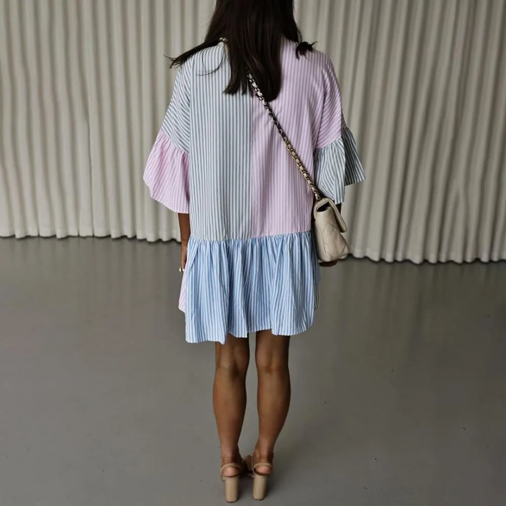 utcoco Womens Y2k Trendy Color Block Striped Shirt Dress Flutter Half Sleeve Loose Casual Button Down Dress