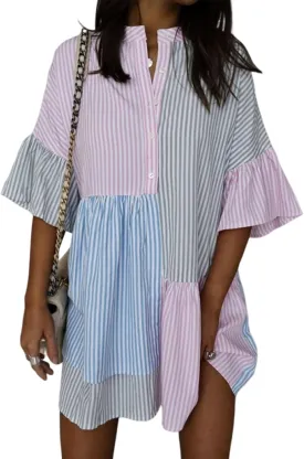 utcoco Womens Y2k Trendy Color Block Striped Shirt Dress Flutter Half Sleeve Loose Casual Button Down Dress