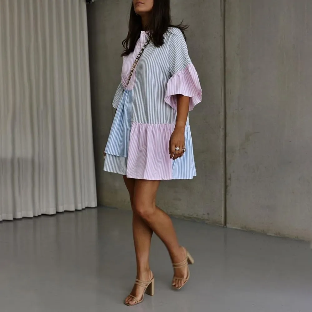 utcoco Womens Y2k Trendy Color Block Striped Shirt Dress Flutter Half Sleeve Loose Casual Button Down Dress