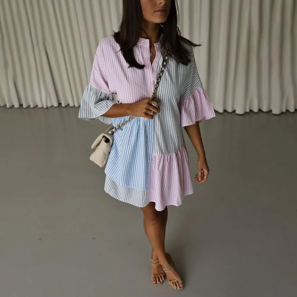 utcoco Womens Y2k Trendy Color Block Striped Shirt Dress Flutter Half Sleeve Loose Casual Button Down Dress