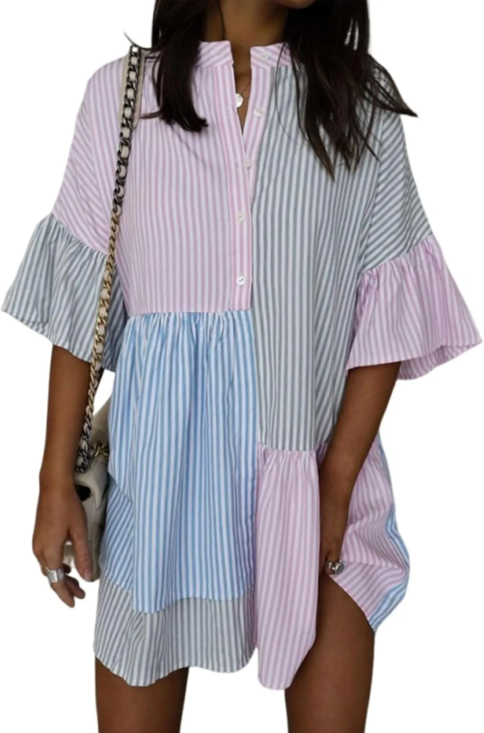 utcoco Womens Y2k Trendy Color Block Striped Shirt Dress Flutter Half Sleeve Loose Casual Button Down Dress