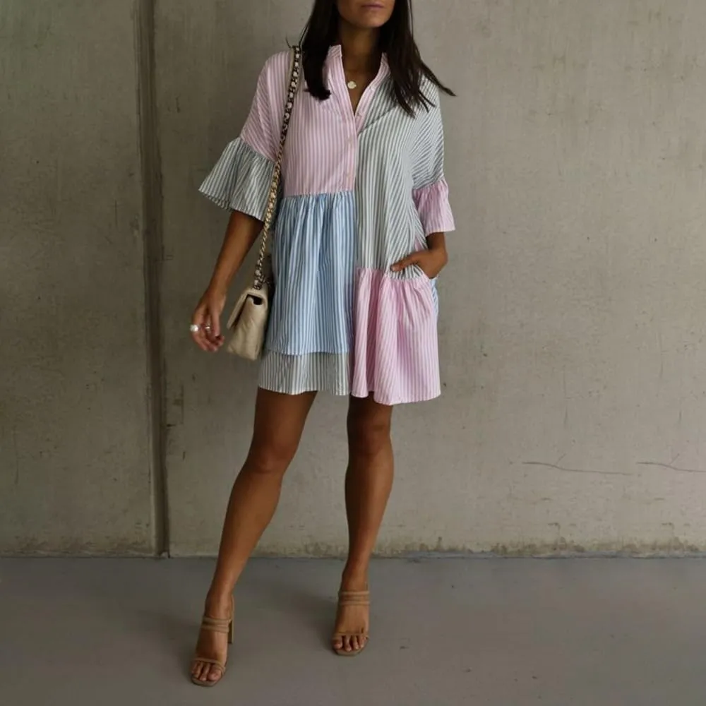 utcoco Womens Y2k Trendy Color Block Striped Shirt Dress Flutter Half Sleeve Loose Casual Button Down Dress