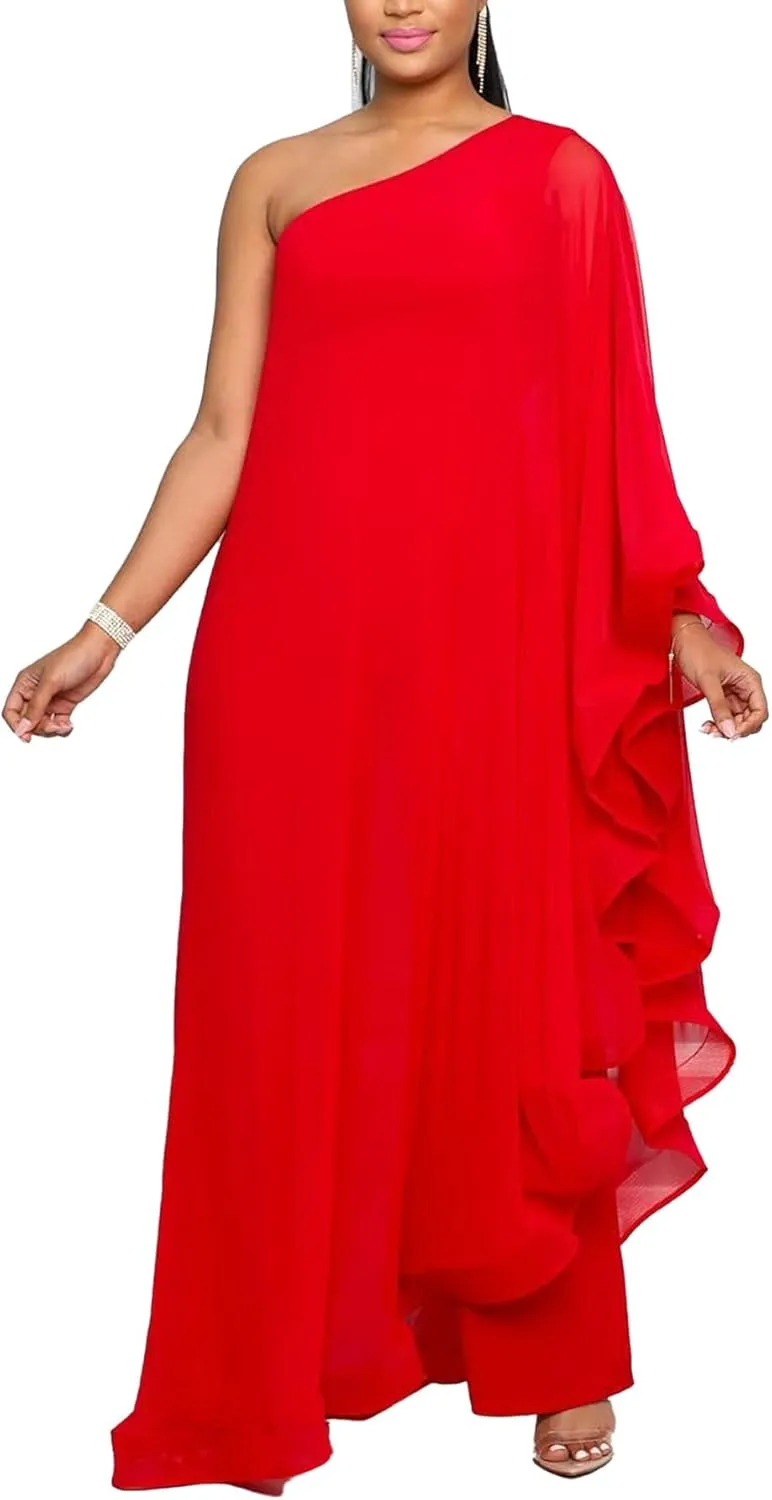 Vakkest Women's Sexy Formal Gown Dresses Off One Shoulder Sleeveless Jumpsuit Long Split Summer Party Wedding Gala Dress