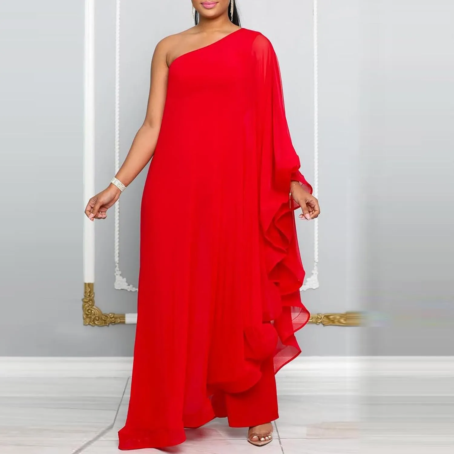Vakkest Women's Sexy Formal Gown Dresses Off One Shoulder Sleeveless Jumpsuit Long Split Summer Party Wedding Gala Dress