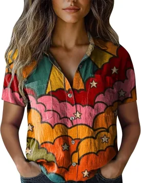 Vintage Boho Tops for Women Floral Print Gauze Shirt Casual Short Sleeve Button Up Blouses Ethnic Tshirts Tops