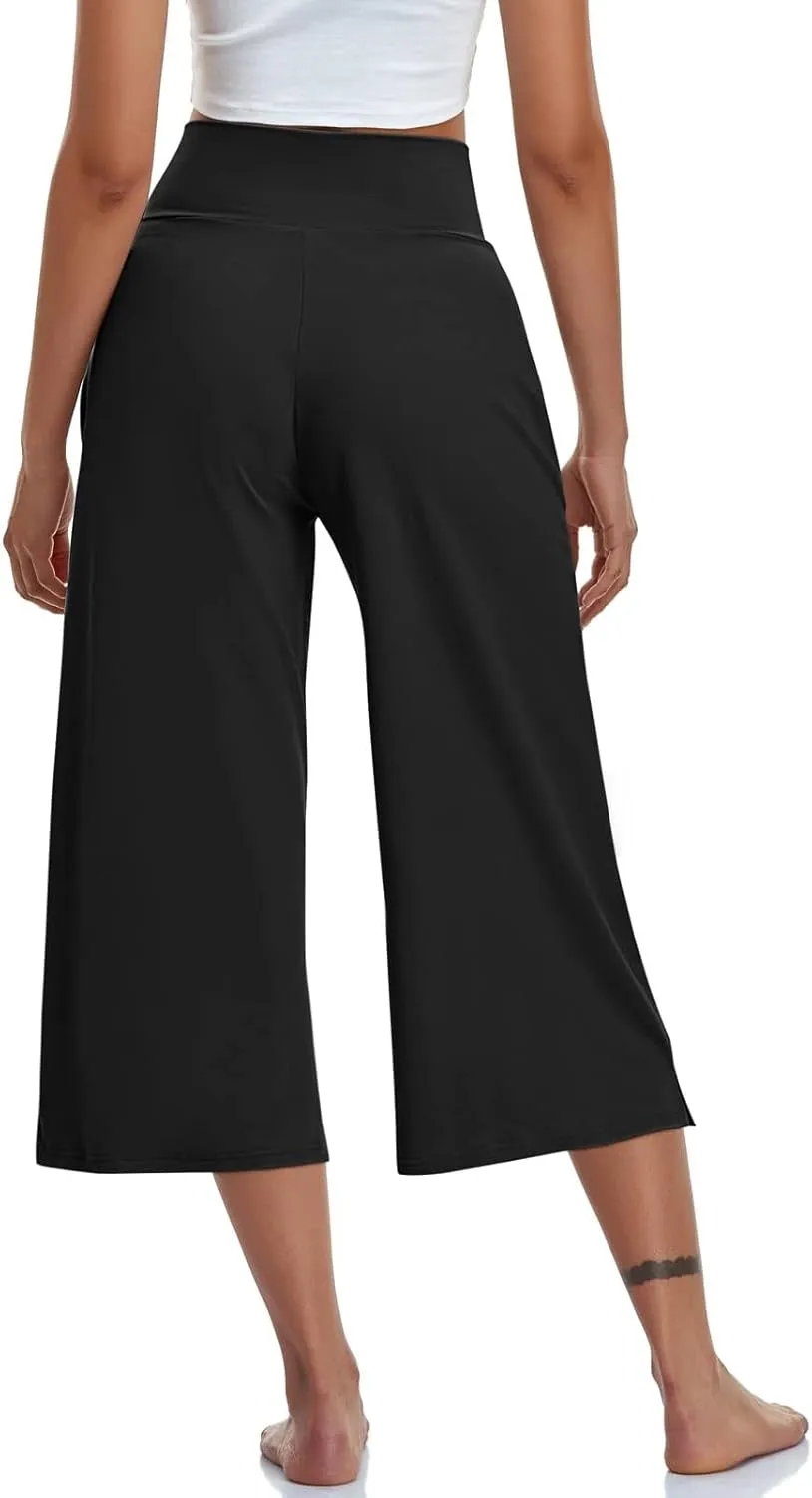 Wide Leg Cropped Pants for Women Drawstring Culottes with Pockets 2025 Summer Gaucho Palazzo Yoga Pants