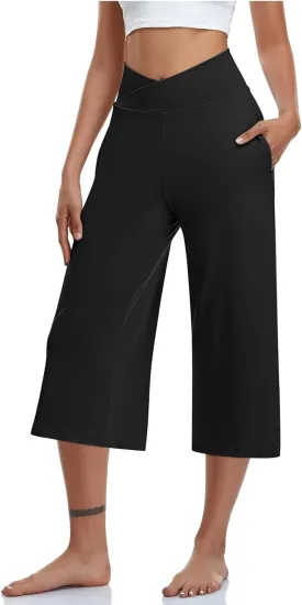 Wide Leg Cropped Pants for Women Drawstring Culottes with Pockets 2025 Summer Gaucho Palazzo Yoga Pants