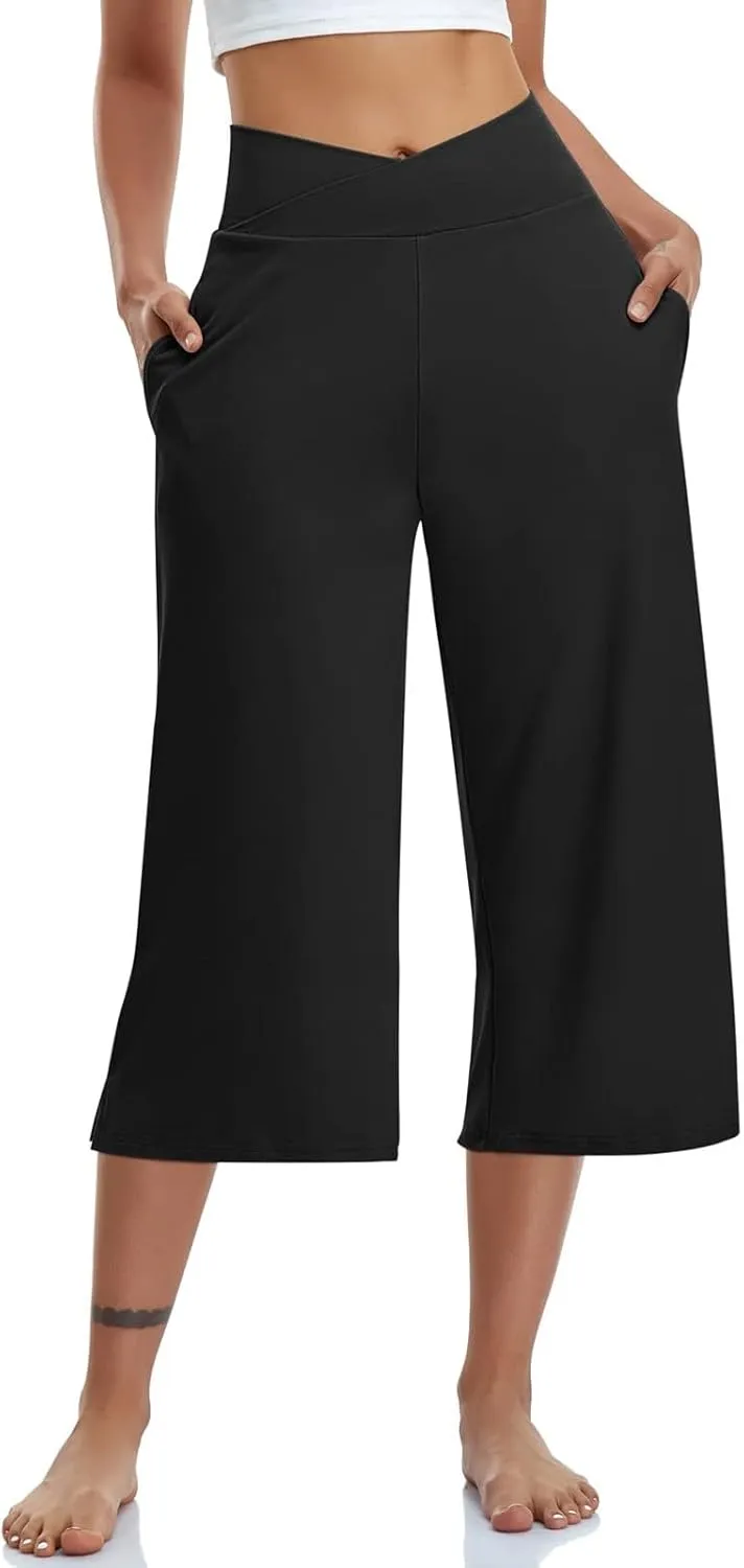 Wide Leg Cropped Pants for Women Drawstring Culottes with Pockets 2025 Summer Gaucho Palazzo Yoga Pants