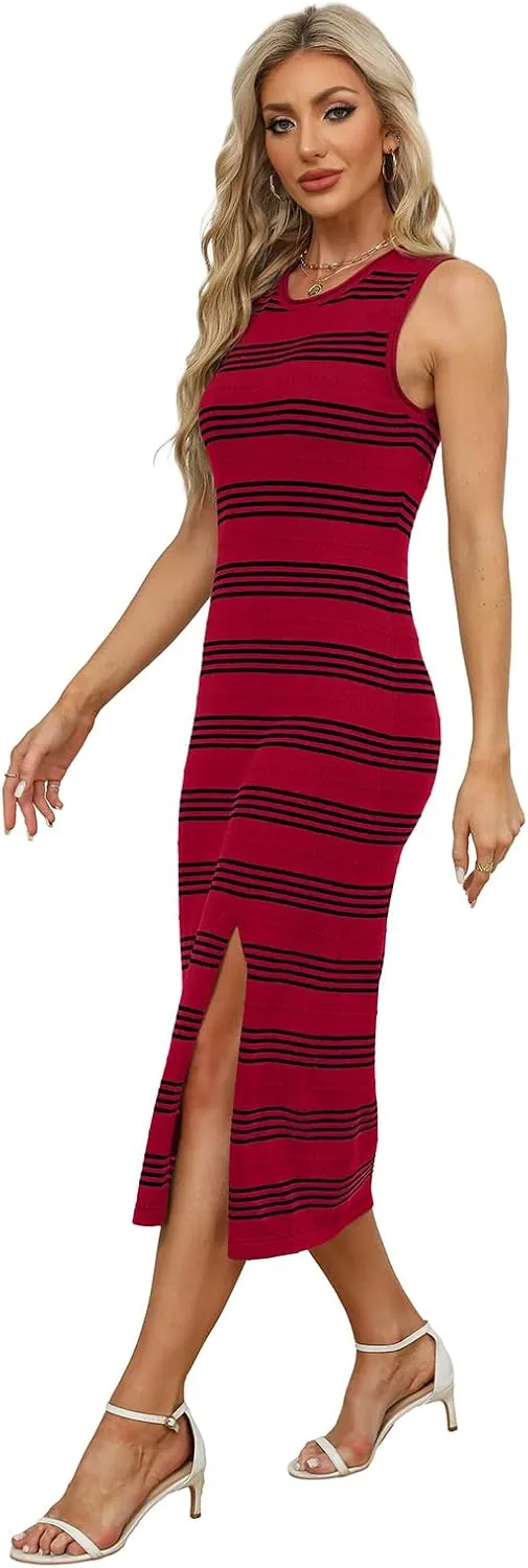 WIHOLL Womens Bodycon Summer Casual Midi Sundress Sleeveless Cute Hollow Out Knit Side Slit Striped Long Tank Dress