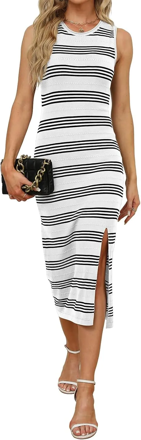 WIHOLL Womens Bodycon Summer Casual Midi Sundress Sleeveless Cute Hollow Out Knit Side Slit Striped Long Tank Dress
