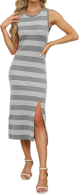 WIHOLL Womens Bodycon Summer Casual Midi Sundress Sleeveless Cute Hollow Out Knit Side Slit Striped Long Tank Dress