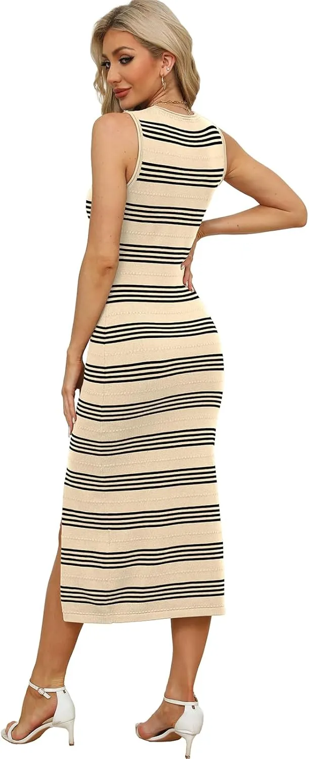 WIHOLL Womens Bodycon Summer Casual Midi Sundress Sleeveless Cute Hollow Out Knit Side Slit Striped Long Tank Dress