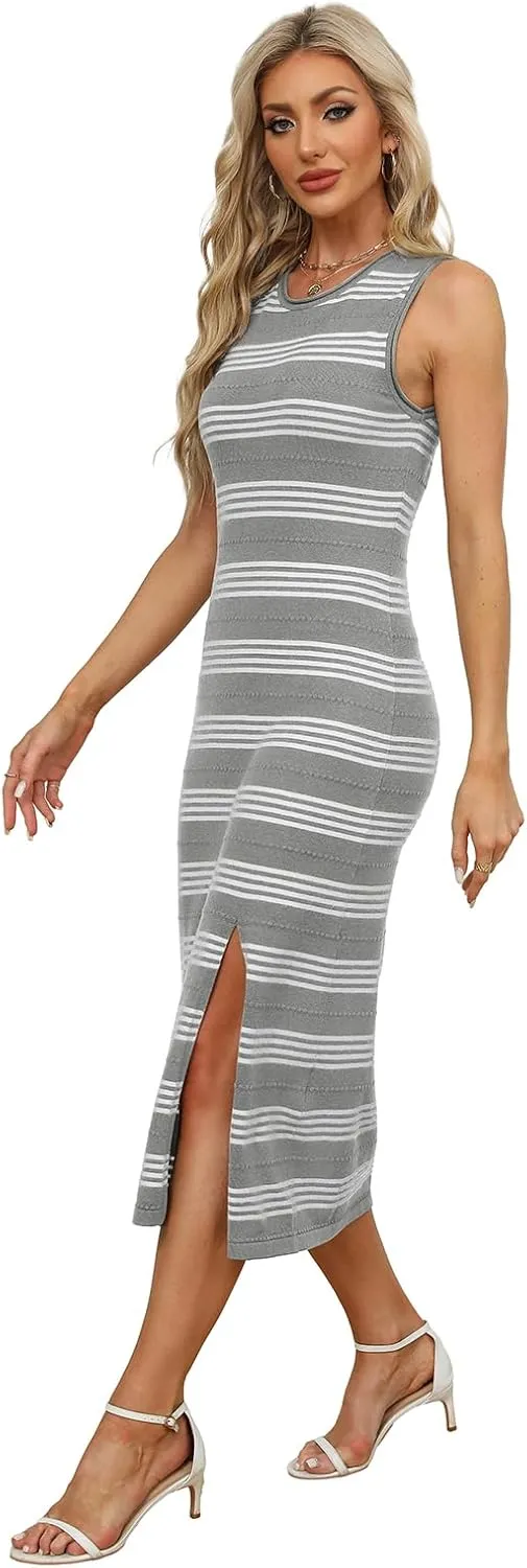 WIHOLL Womens Bodycon Summer Casual Midi Sundress Sleeveless Cute Hollow Out Knit Side Slit Striped Long Tank Dress